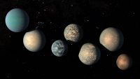 This illustration shows the seven Earth-size planets of TRAPPIST-1. The image does not show the planets’ orbits to scale, but highlights possibilities for how the surfaces of these intriguing worlds might look. (NASA/JPL-Caltech)