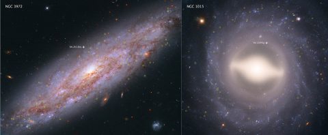 These Hubble Space Telescope images showcase two of the 19 galaxies analyzed in a project to improve the precision of the universe's expansion rate, a value known as the Hubble constant. The color-composite images show NGC 3972 (left) and NGC 1015 (right), located 65 million light-years and 118 million light-years, respectively, from Earth. The yellow circles in each galaxy represent the locations of pulsating stars called Cepheid variables. (NASA, ESA, A. Riess (STScI/JHU))