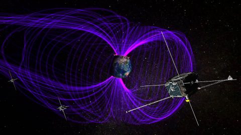 Illustration of three THEMIS satellites and Earth's magnetosphere. (NASA)