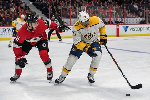 Nashville Predators defenseman P.K. Subban (76) skates with the puck with Ottawa Senators left wing Magnus Paajarvi (56) chasing in the second period at Canadian Tire Centre. (Marc DesRosiers-USA TODAY Sports)