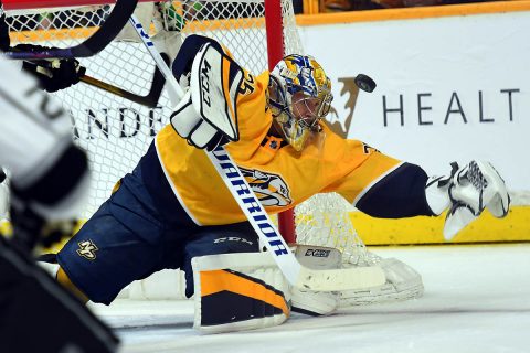 Nashville Predators goalie Pekka Rinne (35) makes a save during the second period against the Los Angeles Kings at Bridgestone Arena. (Christopher Hanewinckel-USA TODAY Sports)