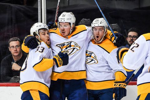 Nashville Predators celebrate the game tying goal by center Ryan Johansen (92) against the New York Islanders during the third period at Barclays Center. (Dennis Schneidler-USA TODAY Sports)