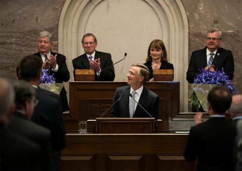 Tennessee Governor Bill Haslam giving his last State of the State address (foreground). Behind him from left, Lieutenant Governor Randy McNally, Speaker Pro Tempore of the Senate Ferrell Haile, Speaker of the House Beth Harwell, and Speaker Pro Tempore of the House Curtis Johnson. Tennessee Governor Bill Haslam giving his last State of the State address (foreground). Behind him from left, Lieutenant Governor Randy McNally, Speaker Pro Tempore of the Senate Ferrell Haile, Speaker of the House Beth Harwell, and Speaker Pro Tempore of the House Curtis Johnson.