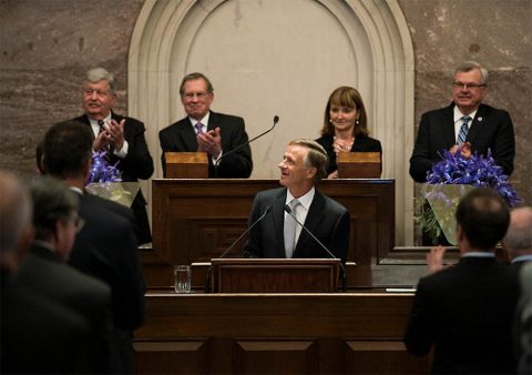 Tennessee Governor Bill Haslam giving his last State of the State address (foreground). Behind him from left, Lieutenant Governor Randy McNally, Speaker Pro Tempore of the Senate Ferrell Haile, Speaker of the House Beth Harwell, and Speaker Pro Tempore of the House Curtis Johnson.