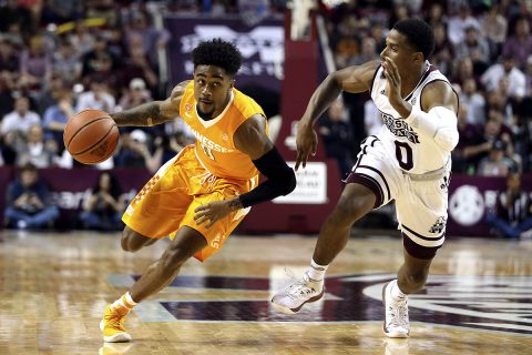 Tennessee Volunteers guard Jordan Bone (0) drives to the basket against Mississippi State Bulldogs guard Nick Weatherspoon (0) during the first half at Humphrey Coliseum. (Spruce Derden-USA TODAY Sports)