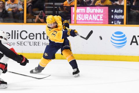 Nashville Predators left wing Viktor Arvidsson (33) takes a shot on goal against the Ottawa Senators during the third period at Bridgestone Arena. ( Steve Roberts-USA TODAY Sports)