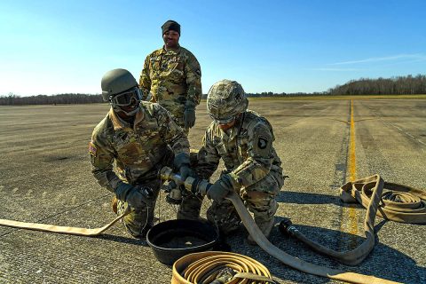 Soldiers from the 1st Battalion, 187th Infantry Regiment, 3rd Brigade Combat Team participate in the 2nd Annual 101st Combat Aviation Brigade Forward Arming and Refueling Point (FARP) Rodeo March 22, 2018 at Ft. Campbell, Ky. After a week of training, the Soldiers competed in a timed hand-on assessment that focused on setting up a FARP. (U.S. Army photo by Sgt. Marcus Floyd, 101st Combat Aviation Brigade) 