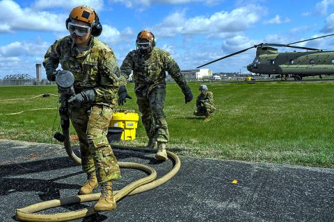 Soldiers from across the 101st Airborne Division participate in the 2nd Annual 101st Combat Aviation Brigade Forward Arming and Refueling Point (FARP) Rodeo March 21, 2018 at Ft. Campbell, Ky. The FARP Rodeo is a week-long training event that familiarizes petroleum supply specialist with setup and procedures of running a FARP. (U.S. Army photo by Sgt. Marcus Floyd, 101st Combat Aviation Brigade) 