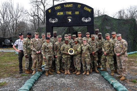 Soldiers from E. Company, 6th General Support Battalion, 101st Combat Aviation Brigade, 101st Airborne Division (Air Assault) receive an award February 28, 2018, at Fort Campbell, Ky. The Soldiers competed in the 50th Annual Phillip A. Connelly Competition, a competition that recognizes units for superb performance and provides innovative training that has a sustainable impact on current and future missions in garrison and field environments. (Sgt. Marcus Floyd, 101st Combat Aviation Brigade) 