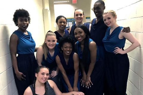 APSU students Claire Estes, Patrick Pride, Britanie Childs, Alexandria Heide, Kelly Barrios, Janesha Boothe, Diondre Booker, Megan Cundiff and Destiny Smith performed an original piece choreographed by Margaret Rennerfeldt at the American College Dance Conference.