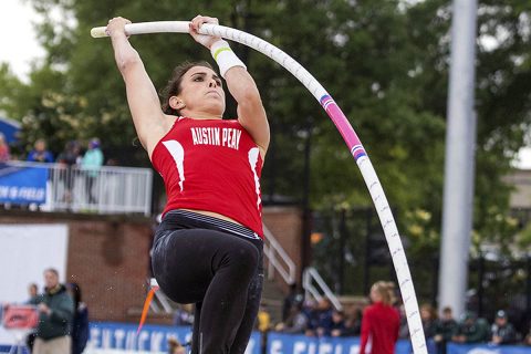 Austin Peay Track and Field junior Savannah Amato tops the podium in the pole vault at the Coastal Carolina Invitational, Friday. (APSU Sports Information)