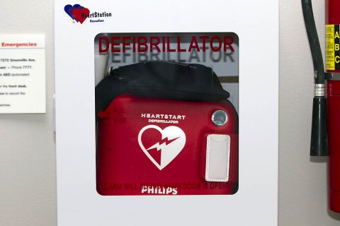 Close up of wall mounted Automated External Defibrillator (AED). (American Heart Association)