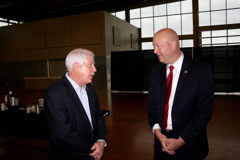 City Councilman Geno Grubbs, left, greets Dr. Mickey Hepner, dean of the APSU College of Business, at the Partner America event Wednesday. Hepner was the keynote speaker.