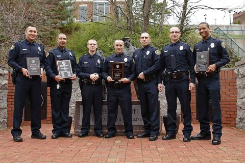 (L to R): Nicholas Rodriguez (Academic Award) , Jamal Alguzweeni (TN Association of Police Chiefs Award), Adam Price, Ryan Creech (Leadership Award), Dylan Lawrence, Shannon Creighton and Elijah Horton (Defensive Tactics Award).(Photo by Jim Knoll, Clarksville Police Department)