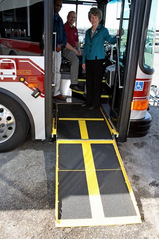 Clarksville Mayor Kim McMillan on one of the new Clarksville Transit System fuel-efficient hybrid buses. Clarksville Mayor Kim McMillan on one of the new Clarksville Transit System fuel-efficient hybrid buses.