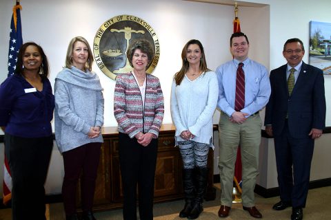 Joining Clarksville Mayor Kim McMillan and TDHA Director Ralph Perrey to celebrate Clarksville's state-leading use of the HHF Down Payment Assistance Program were Danisha Bumpers from US Bank and Heather Damer, Jennifer Candler and Nathan Bryant from Veterans United.