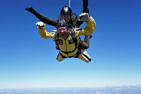 Jeffrey Davidson, Rutherford County, TN. deputy mayor jumps from an aircraft during a tandem parachute jump with SFC Jennifer Espinosa, a tandem instructor with the U.S. Army Parachute Team "Golden Knights" at Outlaw Field, Clarksville Regional Airport, March 2nd, 2018. (U.S. Army Parachute Team Golden Knights Public Affairs)