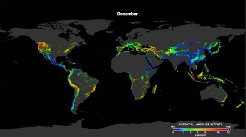 This graphic shows the potential landslide activity in December averaged over the last 15 years as evaluated by NASA's Landslide Hazard Assessment model for Situational Awareness model. Here, you can see landslide trends across the world. (NASA's Goddard Space Flight Center / Scientific Visualization Studio)