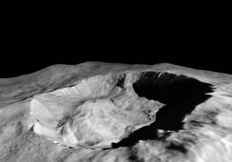 This view from NASA's Dawn mission shows where ice has been detected in the northern wall of Ceres' Juling Crater, which is in almost permanent shadow. (NASA/JPL-Caltech/UCLA/MPS/DLR/IDA/ASI/INAF)