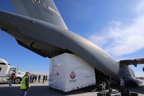 Personnel supporting NASA's InSight mission to Mars load the crated InSight spacecraft into a C-17 cargo aircraft at Buckley Air Force Base, Denver, for shipment to Vandenberg Air Force Base, California. The spacecraft, built in Colorado by Lockheed Martin Space, was shipped February 28, 2018, in preparation for launch from Vandenberg in May 2018. (NASA/JPL-Caltech/Lockheed Martin Space) Personnel supporting NASA's InSight mission to Mars load the crated InSight spacecraft into a C-17 cargo aircraft at Buckley Air Force Base, Denver, for shipment to Vandenberg Air Force Base, California. The spacecraft, built in Colorado by Lockheed Martin Space, was shipped February 28, 2018, in preparation for launch from Vandenberg in May 2018. (NASA/JPL-Caltech/Lockheed Martin Space)