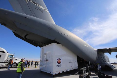 Personnel supporting NASA's InSight mission to Mars load the crated InSight spacecraft into a C-17 cargo aircraft at Buckley Air Force Base, Denver, for shipment to Vandenberg Air Force Base, California. The spacecraft, built in Colorado by Lockheed Martin Space, was shipped February 28, 2018, in preparation for launch from Vandenberg in May 2018. (NASA/JPL-Caltech/Lockheed Martin Space)