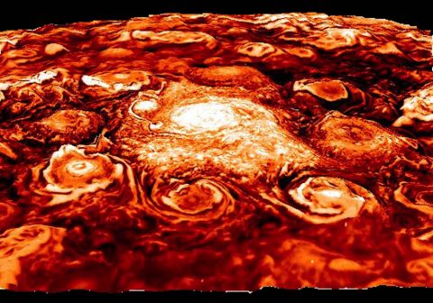 This computer-generated image is based on an infrared image of Jupiter's north polar region that was acquired on February 2, 2017, by the Jovian Infrared Auroral Mapper (JIRAM) instrument aboard Juno during the spacecraft's fourth pass over Jupiter. (NASA/JPL-Caltech/SwRI/ASI/INAF/JIRAM)