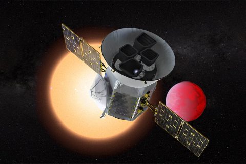 Illustration of the Transiting Exoplanet Survey Satellite (TESS) in front of a lava planet orbiting its host star. TESS will identify thousands of potential new planets for further study and observation. (NASA/GSFC)