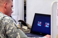 A Soldier from the 501st Area Support Medical Company, 86th Combat Support Hospital, Fort Campbell, Kentucky is shown patterned squares during the Automated Neuropsychological Assessment Metric at the ANAM site on post, September 25th, 2017. The images are part of an assessment that measures baseline cognitive performance and is conducted during the pre-deployment cycle. (U.S. Army photo by Maria Yager)