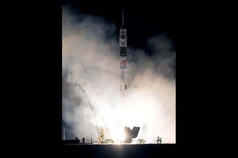 The Soyuz MS-08 spacecraft carrying NASA astronauts Drew Feustel and Ricky Arnold, and Oleg Artemyev of the Russian space agency Roscosmos, lifts off from the Baikonur Cosmodrome in Kazakhstan at 1:44pm EDT March 21, 2018 (11:44pm Baikonur time). The crew is scheduled to dock to the International Space Station at 3:41pm March 23, 2018. (NASA/Joel Kowsky)