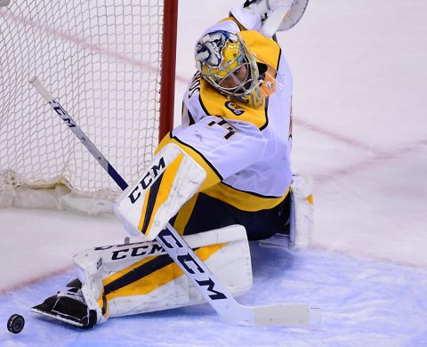 Nashville Predators goaltender Juuse Saros (74) blocks a shot by the Vancouver Canucks during the third period at Rogers Arena. (Anne-Marie Sorvin-USA TODAY Sports)