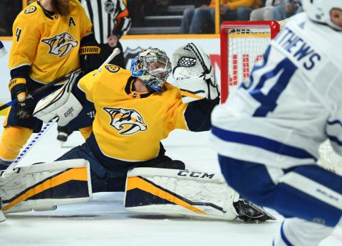 Nashville Predators goalie Pekka Rinne (35) is unable to stop a shot by Toronto Maple Leafs center Auston Matthews (34) during the second period at Bridgestone Arena. (Christopher Hanewinckel-USA TODAY Sports)