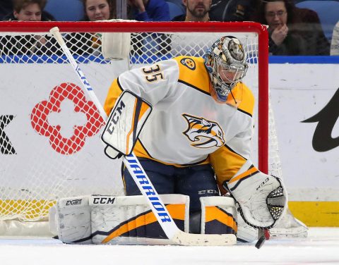 Nashville Predators goaltender Pekka Rinne (35) makes the save against the Buffalo Sabres during the third period at KeyBank Center. (Kevin Hoffman-USA TODAY Sports)