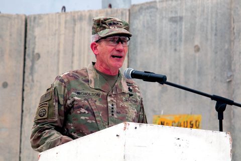 Gen. John Nicholson, Resolute Support and U.S. Forces-Afghanistan commander, presides over the 101st Airborne Division (Air Assault) and 3rd Infantry Division transfer of authority ceremony, April 15, at Bagram Airfield, Afghanistan. Maj. Gen. Andrew Poppas, commanding general of the Fort Campbell, Kentucky-based 101st Abn. Div., assumes the role and responsibility as the Resolute Support deputy chief of staff for operations and the U.S. Forces-Afghanistan deputy commanding general for operations. (Staff Sgt. Lerone Simmons, U.S. Forces Afghanistan)