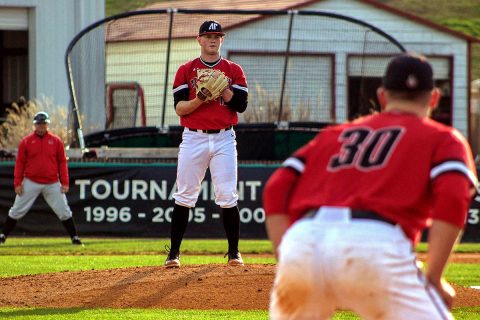 Austin Peay Baseball pitcher Jacques Pucheu throws six scoreless innings to power Govs to 8-4 win over UT Martin Saturday at Raymond C. Hand Park. (APSU Sports Information)