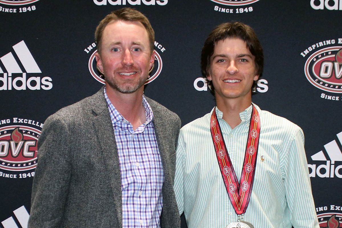 Austin Peay Men's Golf freshman Chase Korte (right) with head coach Robbie Wilson (left) at the OVC Awards Banquet. (APSU Sports Information)