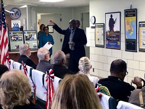 Vietnam War veteran and guest speaker, retired Sgt. Maj. Alvin Colvin, talks about his service assigned to a U.S. Army Air Ambulance Company in Vietnam at the National Vietnam Veterans Day commemoration at the Fort Campbell Integrated Disability Evaluation System clinic March 29th. (U.S. Army photo by Laura Boyd)