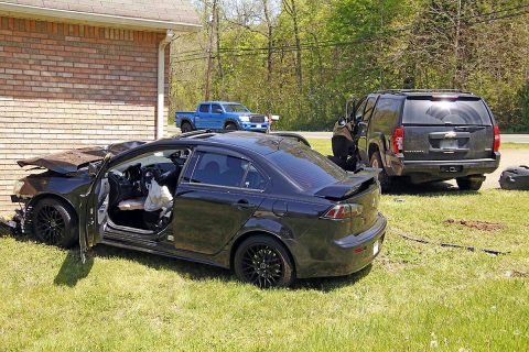 Clarksville Police responded to a vehicle accident on Ringgold Road where a Mitsubishi Lancer left the road due to high speed of travel, collided with a Chevrolet Suburban, and came to rest near a home, Monday. (Jim Knoll, CPD) Clarksville Police responded to a vehicle accident on Ringgold Road where a Mitsubishi Lancer left the road due to high speed of travel, collided with a Chevrolet Suburban, and came to rest near a home, Monday. (Jim Knoll, CPD)