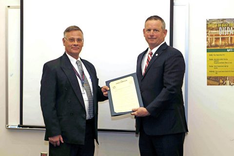 Director Brian Hitchcock and Montgomery County Mayor Jim Durrett holding the Joint Proclamation for National Public Safety Telecommunicators Week. (Jim Knoll, CPD) Director Brian Hitchcock and Montgomery County Mayor Jim Durrett holding the Joint Proclamation for National Public Safety Telecommunicators Week. (Jim Knoll, CPD)