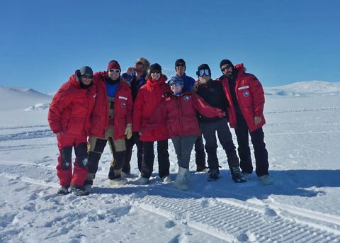 The ANSMET 2017-2018 team on the ice shelf near McMurdo station. (Scott van Bommel)