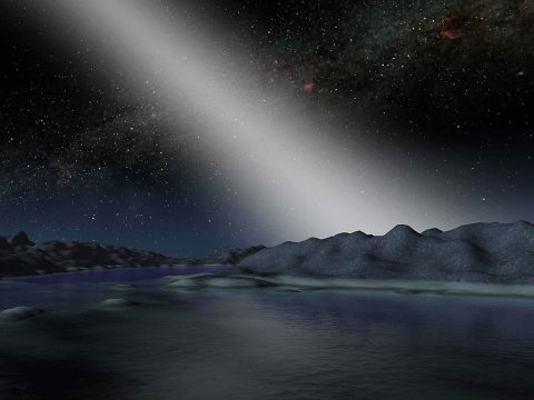 This artist's illustration shows what the sky might look like from a planet in a particularly dusty solar system. Dust that orbits a star in the plane of the solar system is called zodiacal dust, and the light reflected and scattered by that dust is called zodiacal light. (NASA/JPL-Caltech)