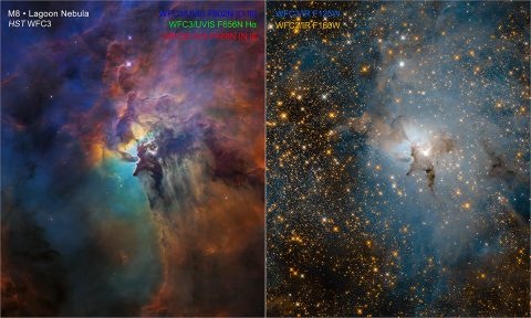 These NASA Hubble Space Telescope images compare two diverse views of the roiling heart of a vast stellar nursery, known as the Lagoon Nebula. The images, one taken in visible and the other in infrared light, celebrate Hubble’s 28th anniversary in space. (NASA, ESA, and STScI) These NASA Hubble Space Telescope images compare two diverse views of the roiling heart of a vast stellar nursery, known as the Lagoon Nebula. The images, one taken in visible and the other in infrared light, celebrate Hubble’s 28th anniversary in space. (NASA, ESA, and STScI)