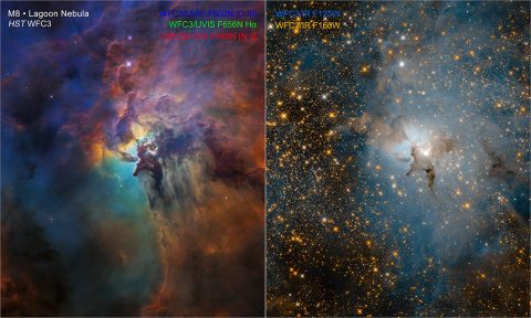 These NASA Hubble Space Telescope images compare two diverse views of the roiling heart of a vast stellar nursery, known as the Lagoon Nebula. The images, one taken in visible and the other in infrared light, celebrate Hubble’s 28th anniversary in space. (NASA, ESA, and STScI)