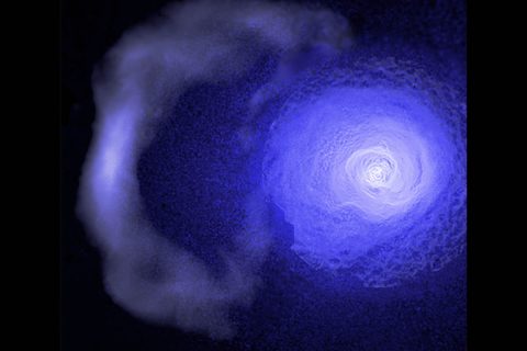 A gigantic and resilient “cold front” hurtling through the Perseus galaxy cluster has been studied using data from NASA’s Chandra X-ray Observatory. (NASA/CXC/GSFC/S. Walker, ESA/XMM, ROSAT) A gigantic and resilient “cold front” hurtling through the Perseus galaxy cluster has been studied using data from NASA’s Chandra X-ray Observatory. (NASA/CXC/GSFC/S. Walker, ESA/XMM, ROSAT)