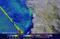 GPM captured an image of the advancing line of storms on April 16 at 00:17 UTC (8:17 pm EDT, April 15). A 3-D perspective of the storms from GPM data revealed areas of higher cloud tops over central (up to 10.8 km) and southern Virginia where thunderstorms were active. (NASA/JAXA, Hal Pierce)