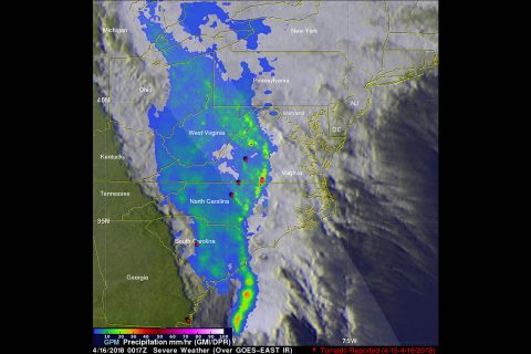 GPM captured an image of the advancing line of storms on April 16 at 00:17 UTC (8:17 pm EDT, April 15). GPM showed a narrow leading line of thunderstorms producing heavy rain rates (orange and red areas), followed by a much broader area of light to moderate rain (blue and lighter green areas). (NASA/JAXA, Hal Pierce)