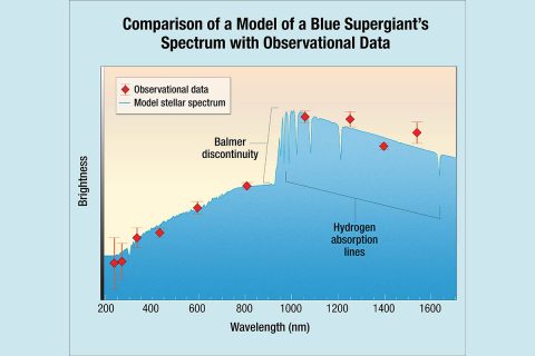 Scientists found that the Hubble data from MACS J1149+2223 Lensed Star 1 (Icarus) matches the model for a blue supergiant. The agreement shows a remarkably good fit, and indicates that Icarus is approximately twice as hot as the Sun. The solid blue line shows the model spectrum of the blue supergiant, adjusted for the distance to the host galaxy of the highly magnified star. The red diamonds are the actual data measured for Icarus. The observed wavelength of the Balmer discontinuity relative to its intrinsic wavelength (at about 365 nm) is an indicator of the distance to the star. (NASA, ESA, and A. Feild (STScI))