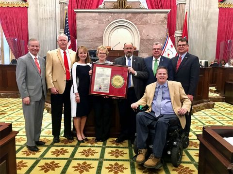 (L to R) State Rep Joe Pitts (APSU Alum), Barry Kulback, (Maggie’s husband), Speaker Beth Harwell, Maggie Kulback, Rep Ron Lollar, Speaker Pro Tem Curtis Johnson (APSU Alum), State Rep Jay Reedy (APSU Alum) and State Rep Darren Jernigan (APSU Alum).