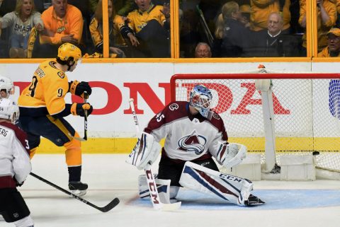 Colorado Avalanche goalie Jonathan Bernier (45) allows a goal to Nashville Predators left wing Filip Forsberg (9) during the third period in game one of the first round of the 2018 Stanley Cup Playoffs at Bridgestone Arena. (Christopher Hanewinckel-USA TODAY Sports)