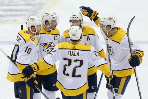 Nashville Predators defenseman Roman Josi (59) celebrates with teammates after scoring a goal against the Washington Capitals in the third period at Capital One Arena. The Predators won 4-3. (Geoff Burke-USA TODAY Sports) Nashville Predators defenseman Roman Josi (59) celebrates with teammates after scoring a goal against the Washington Capitals in the third period at Capital One Arena. The Predators won 4-3. (Geoff Burke-USA TODAY Sports)