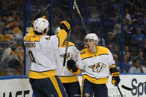 Nashville Predators left wing Filip Forsberg (9) is congratulated by center Kyle Turris (8) and teammates as he scores a goal against the Tampa Bay Lightning during the second period at Amalie Arena. (Kim Klement-USA TODAY Sports)